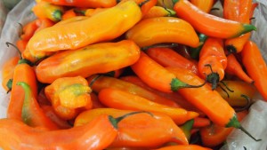 Fresh aji amarillo at a market in Peru. 